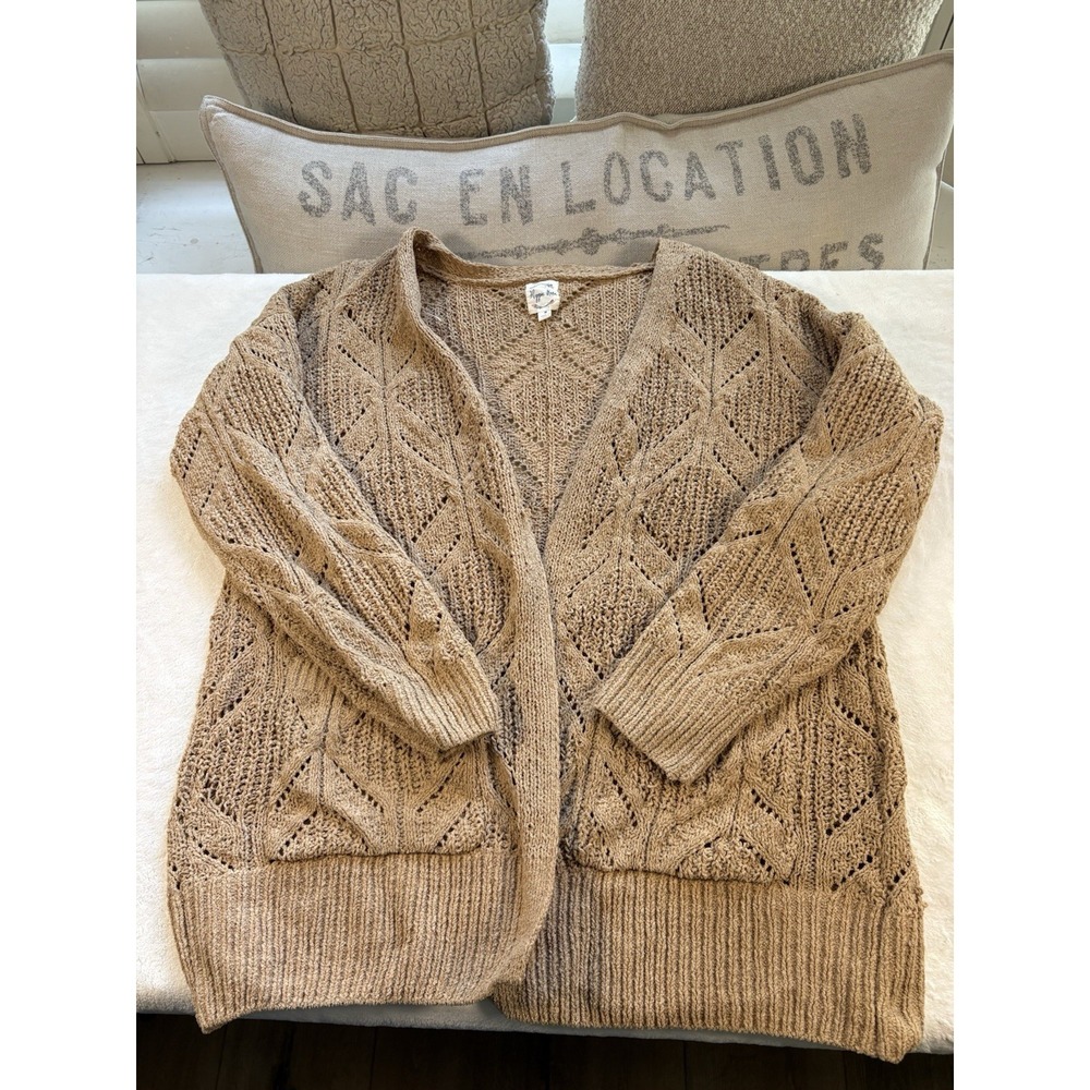 Hippie Rose Tan Open Knit Cardigan Women's Medium Long Sleeve‎ Pockets Boho